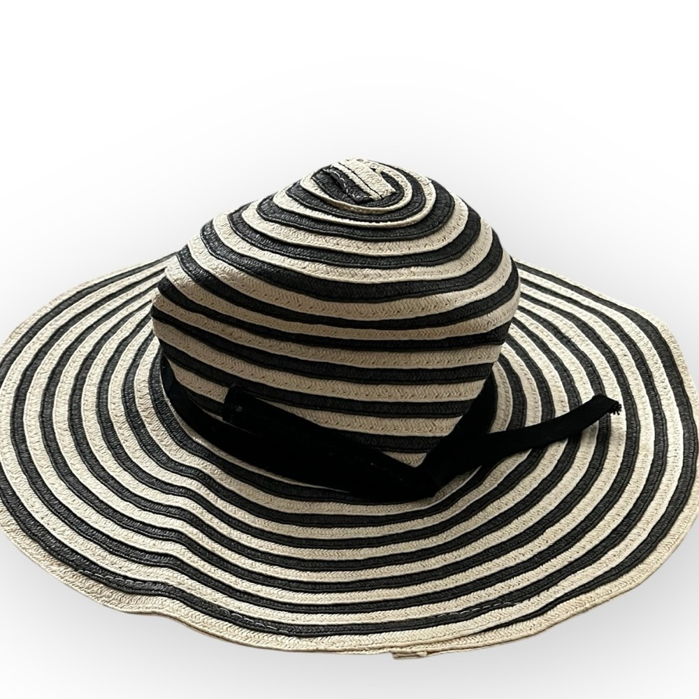 Ellen Tracy Floppy Brim Sun Hat‎ Tan & Gray Stripe Wide Brim